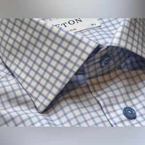 $395 NEW ETON DRESS SHIRT XS S 14.5 37 SLIM FIT WHITE BLUE TATTERSALL CHECK MENS